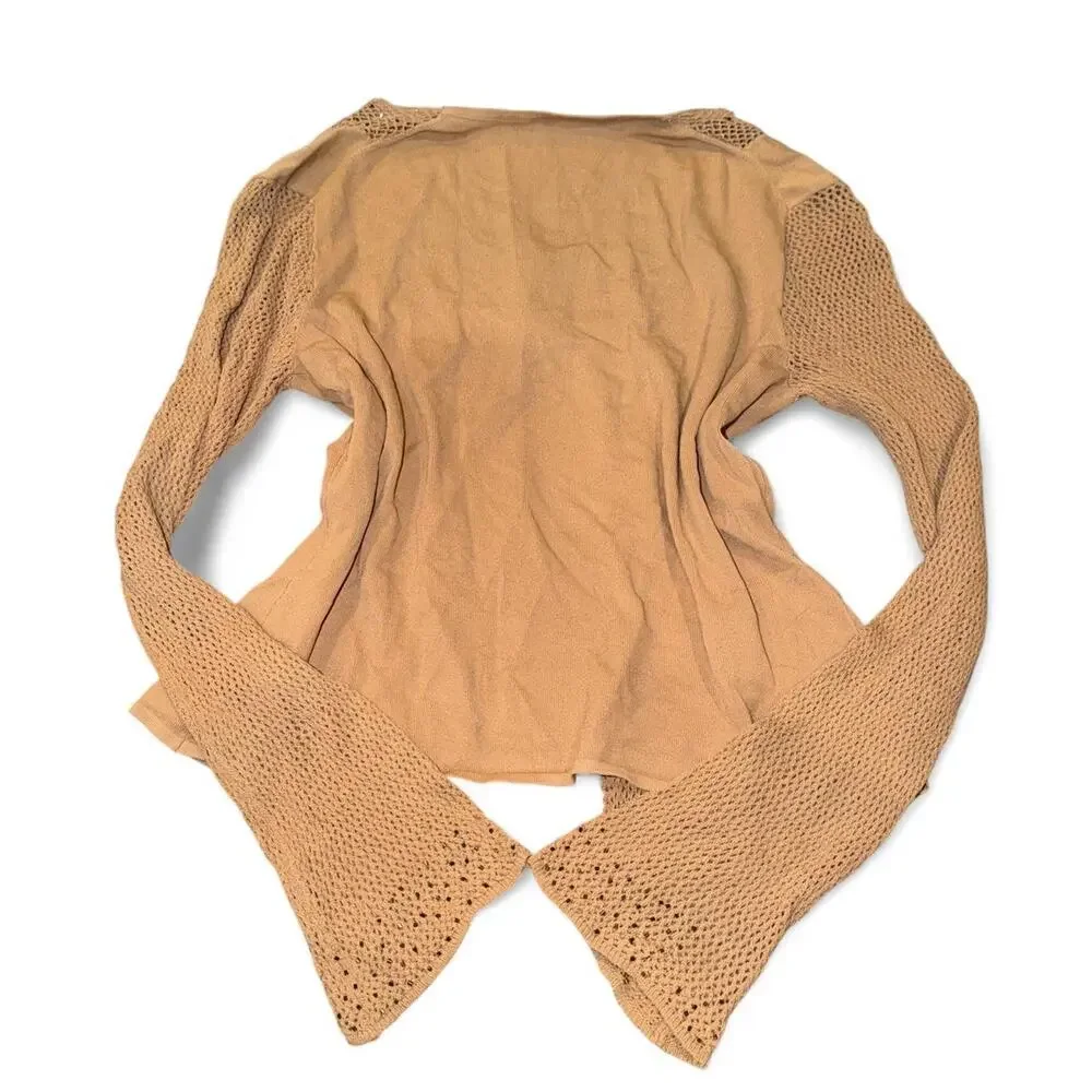 2000s Boho Fairy Tan Beaded Crochet Bell Sleeve Tie Front Blouse Cardigan Size M
